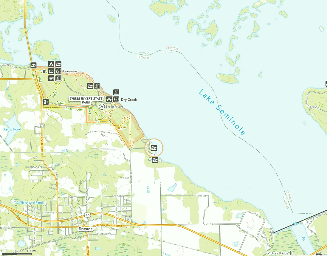 Map depicting the Sneads Park boat ramp location and surrounding area including Lake Seminole