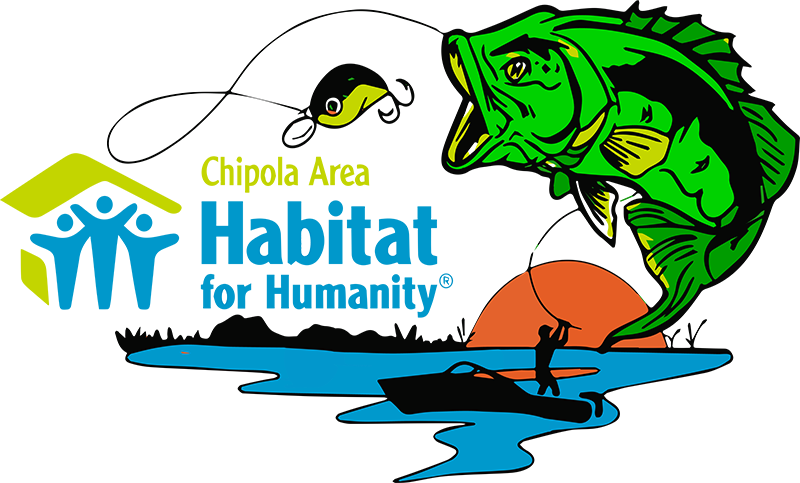An image featuring the Chipola Area Habitat for Humanity Logo surrounded by a scene of a fisherman on a lake a sunset attempting to land a largemouth bass, which is chasing a topwater plug