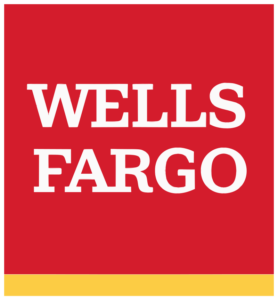 Red box with white that reads Wells Fargo