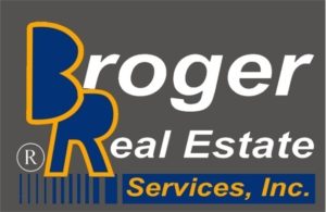 A dark grey background featuring the words Broger Real Estate Services, Inc. in blue, white, and gold.